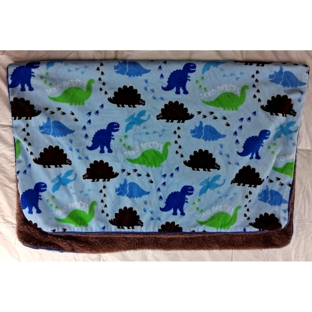 SL Home Fashions RN 119741 Blue Dino Party Dinosaur Baby Blanket‎ Brown Sherpa